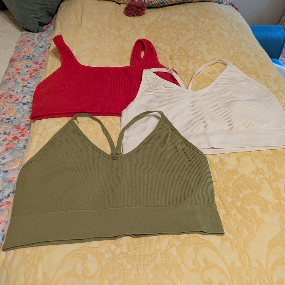 Set of Three Ribbed Bralettes - Red, White, and Green